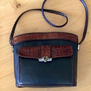 BRIGHTON BLACK PEBBLE LEATHER CHOCOLATE CROC TRIM ROPE HANDLE CROSSBODY HANDBAG